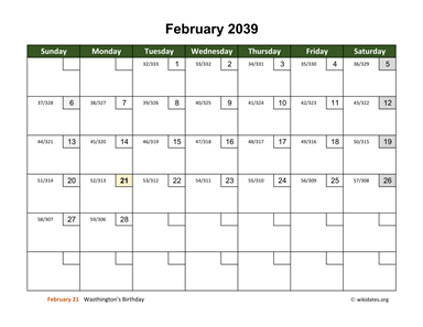 February 2039 Calendar with Day Numbers
