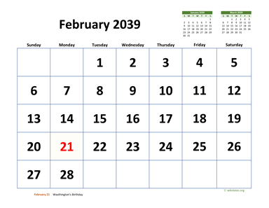 February 2039 Calendar with Extra-large Dates
