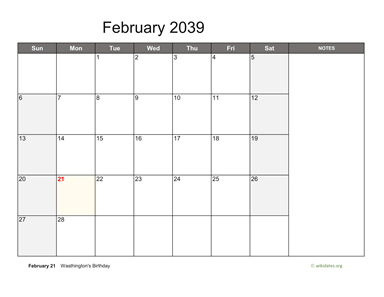 February 2039 Calendar with Notes