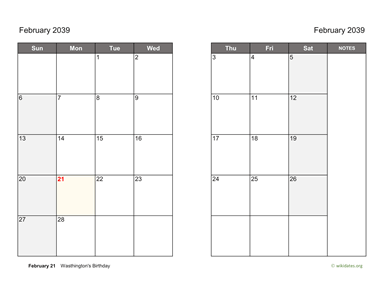 February 2039 Calendar on two pages
