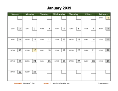 January 2039 Calendar with Day Numbers