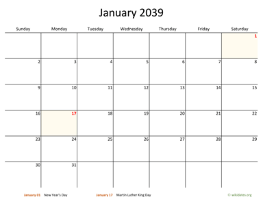 January 2039 Calendar with Bigger boxes | WikiDates.org