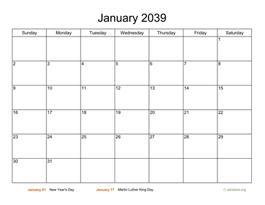 Basic Calendar for January 2039