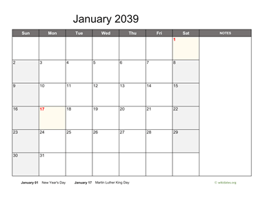 January 2039 Calendar with Notes