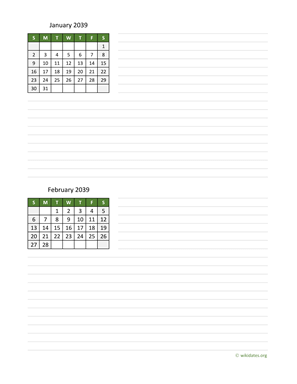 January and February 2039 Calendar with Notes