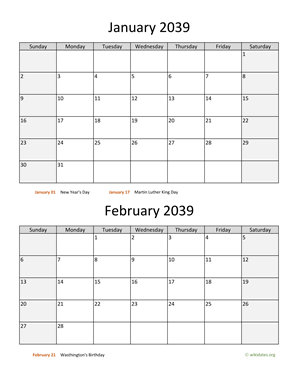 January and February 2039 Calendar Vertical