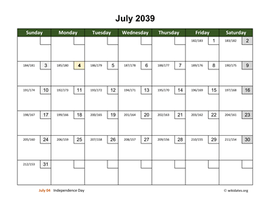 July 2039 Calendar with Day Numbers