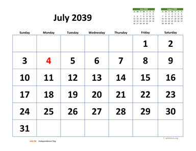 July 2039 Calendar with Extra-large Dates