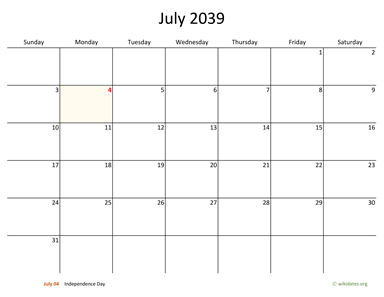 July 2039 Calendar with Bigger boxes