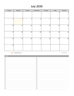 July 2039 Calendar with To-Do List