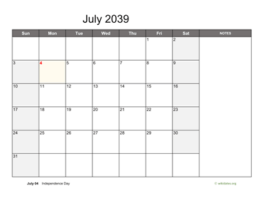 July 2039 Calendar with Notes