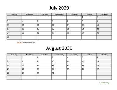 July and August 2039 Calendar Horizontal