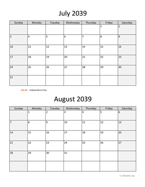 July and August 2039 Calendar Vertical