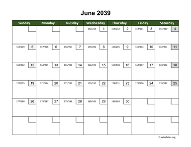 June 2039 Calendar with Day Numbers