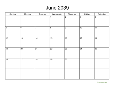 Basic Calendar for June 2039