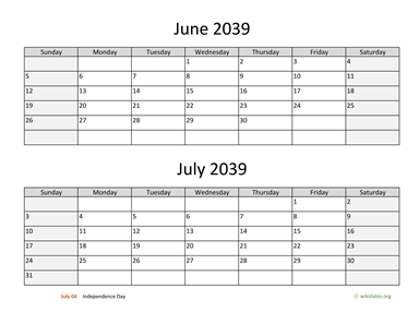 June and July 2039 Calendar Horizontal