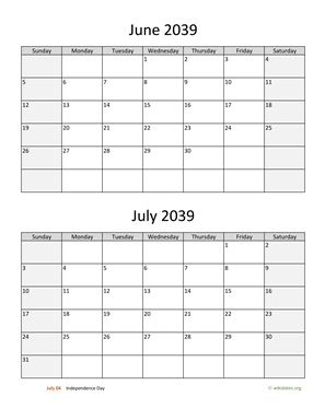 June and July 2039 Calendar Vertical