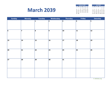 March 2039 Calendar Classic