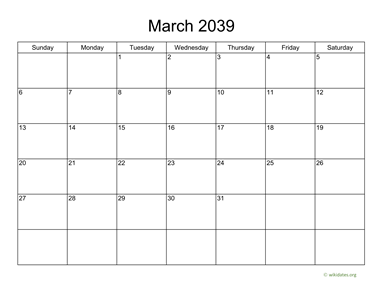 Basic Calendar for March 2039