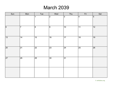 March 2039 Calendar with Weekend Shaded