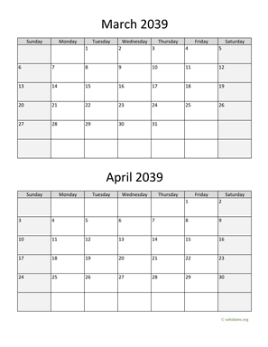 March and April 2039 Calendar Vertical