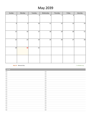May 2039 Calendar with To-Do List