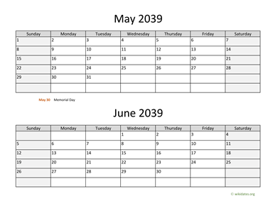 May and June 2039 Calendar Horizontal