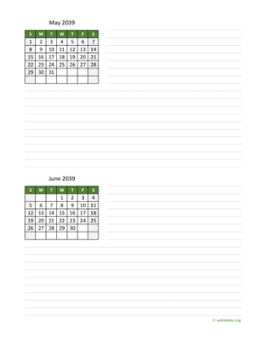 May and June 2039 Calendar with Notes