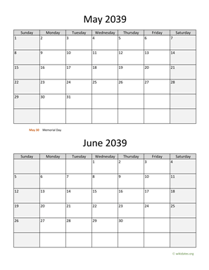 May and June 2039 Calendar Vertical