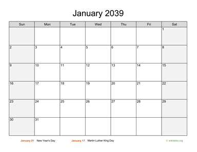Monthly 2039 Calendar with Weekend Shaded