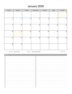 Monthly 2039 Calendar with To-Do List