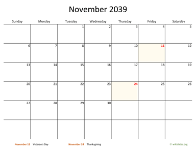November 2039 Calendar with Bigger boxes