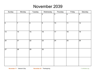 Basic Calendar for November 2039