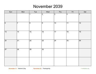 November 2039 Calendar with Weekend Shaded