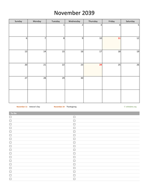 November 2039 Calendar with To-Do List