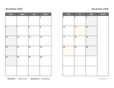 November 2039 Calendar on two pages