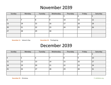 November and December 2039 Calendar Horizontal