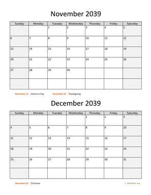 November and December 2039 Calendar Vertical