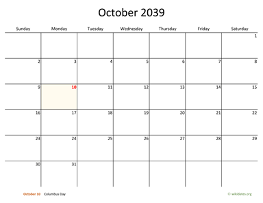 October 2039 Calendar with Bigger boxes | WikiDates.org