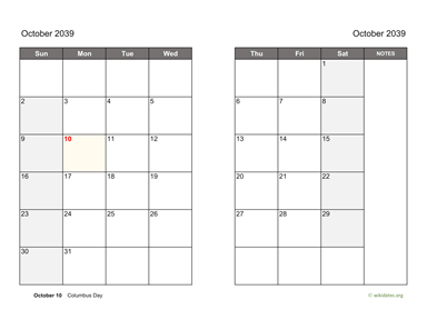 October 2039 Calendar on two pages
