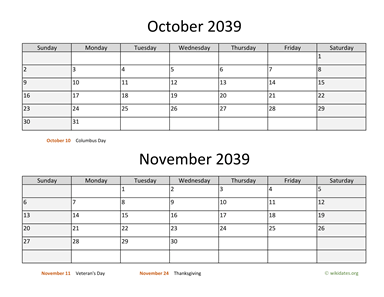 October and November 2039 Calendar Horizontal