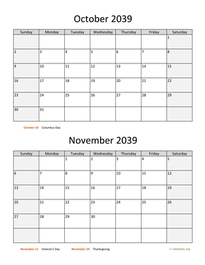 October and November 2039 Calendar Vertical