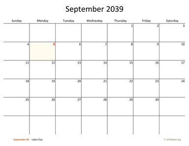 September 2039 Calendar with Bigger boxes