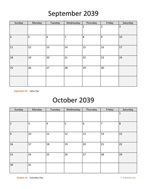 September and October 2039 Calendar Vertical