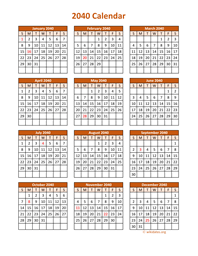 Full Year 2040 Calendar on one page