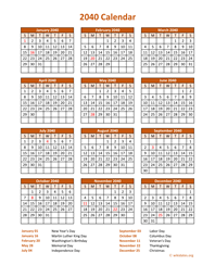 Calendar 2040 Vertical