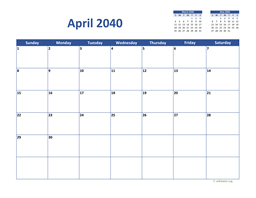 April 2040 Calendar Classic