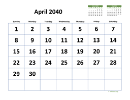 April 2040 Calendar with Extra-large Dates