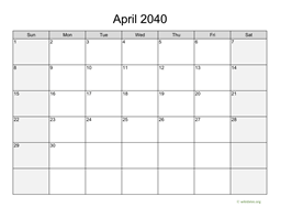 April 2040 Calendar with Weekend Shaded