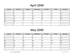April and May 2040 Calendar